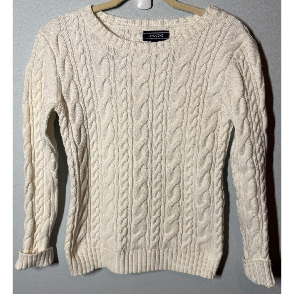 Lands' End Drifter Womens White Cable Knit Sweater XS Fisherman Cottagecore Warm